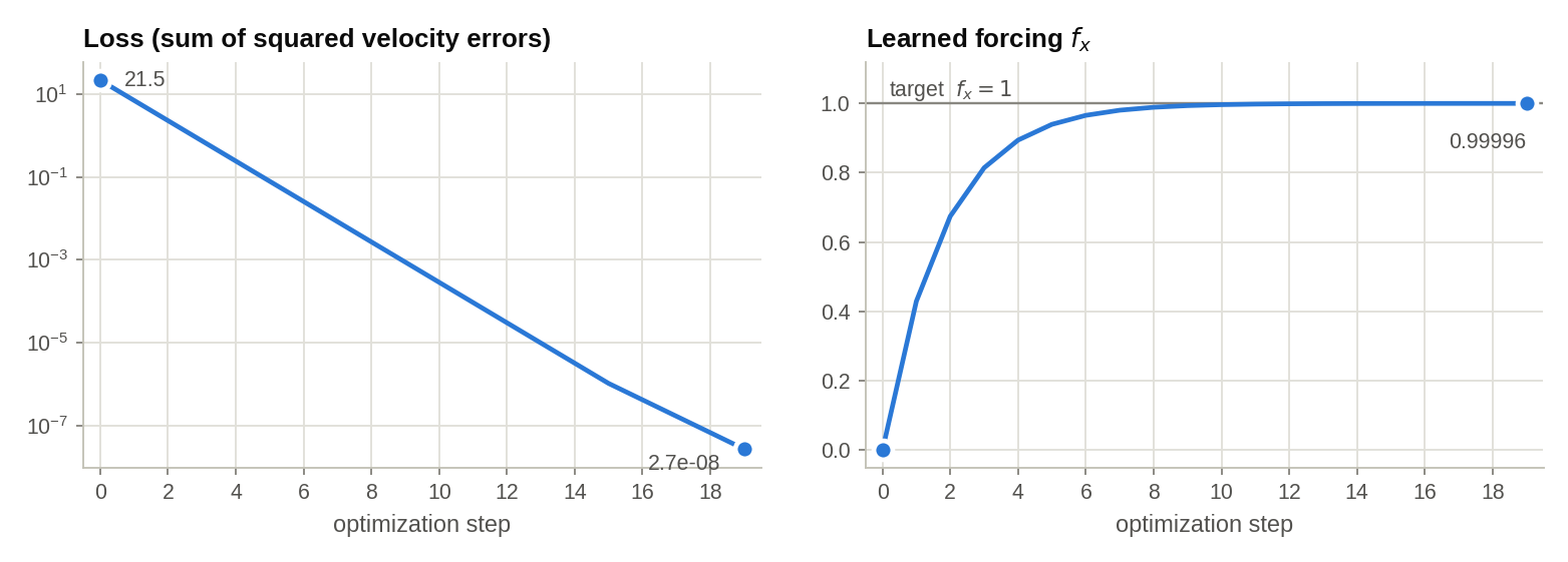 Loss and learned forcing during the optimization